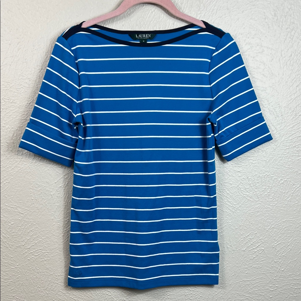 Lauren Ralph Lauren Blue White Stripe Boat Neck Short Sleeve Top Medium